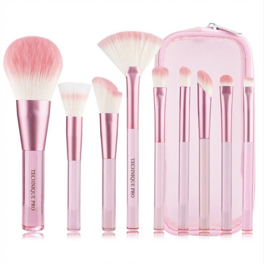 Technique PRO Translucent Perfection Makeup Brush Set - 9 Makeup Brushes with Bag (PINK)